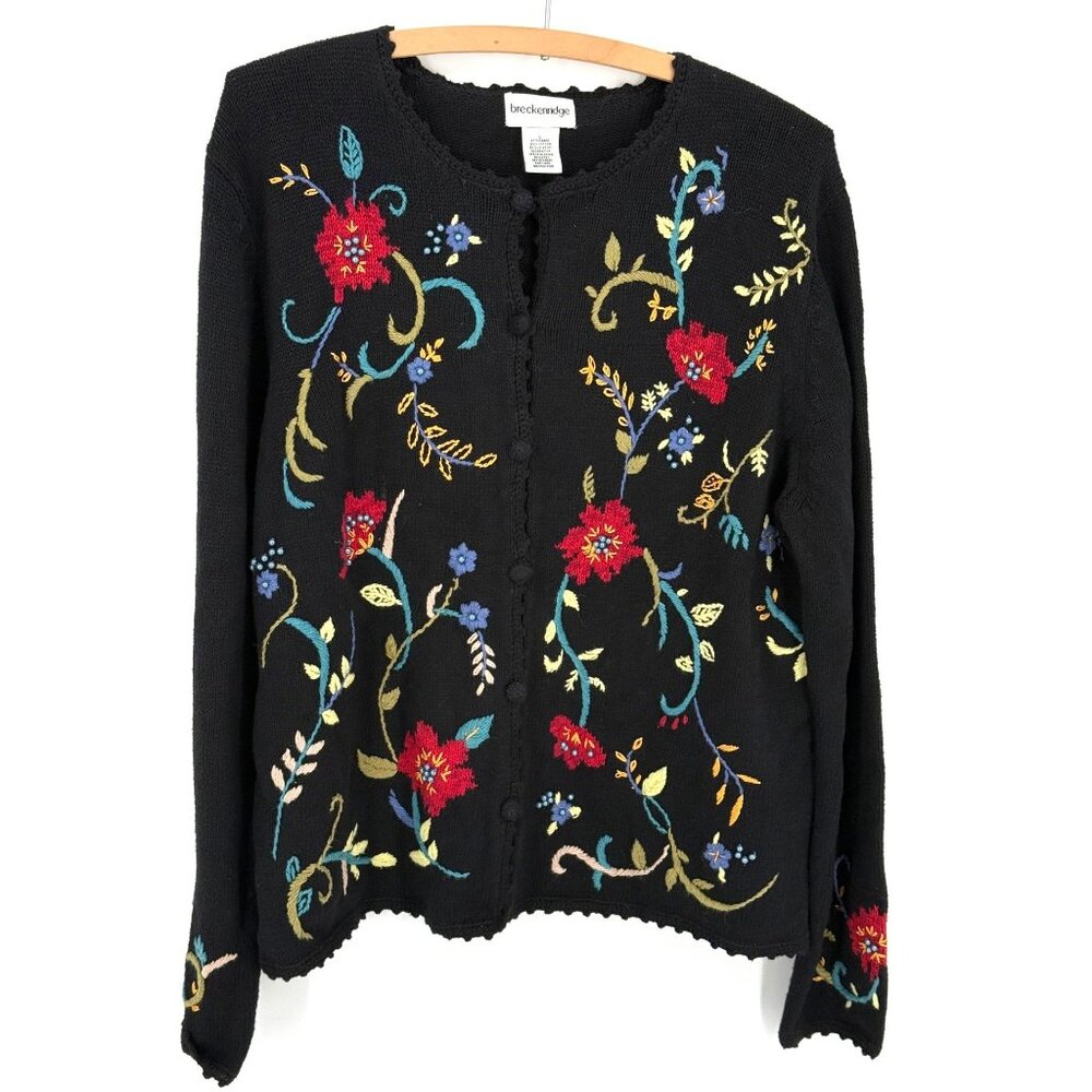 Breckenridge‎ Black Floral Embroidered Cardigan L 55% Ramie 45% Cotton